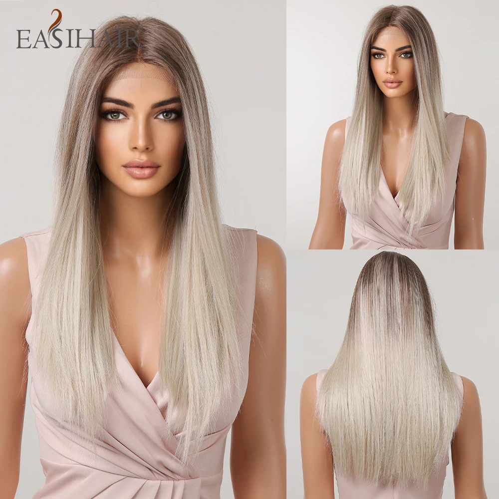 EASIHAIR Platinum Blonde Lace Front Synthetic Wigs Long Straight Natural Lace Frontal Wig for Women Cosplay Heat Resistant Wig