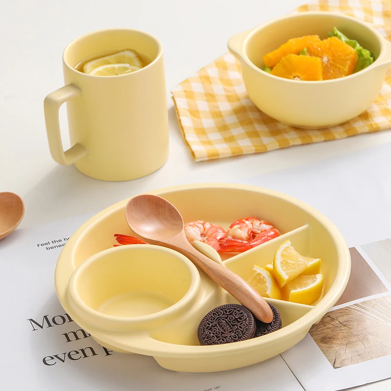 

Yellow Cerc Fat Reduction Meal Plate Set Home Breakfast Utensils Divided Di Japanese Sle round ape Deep .5cm