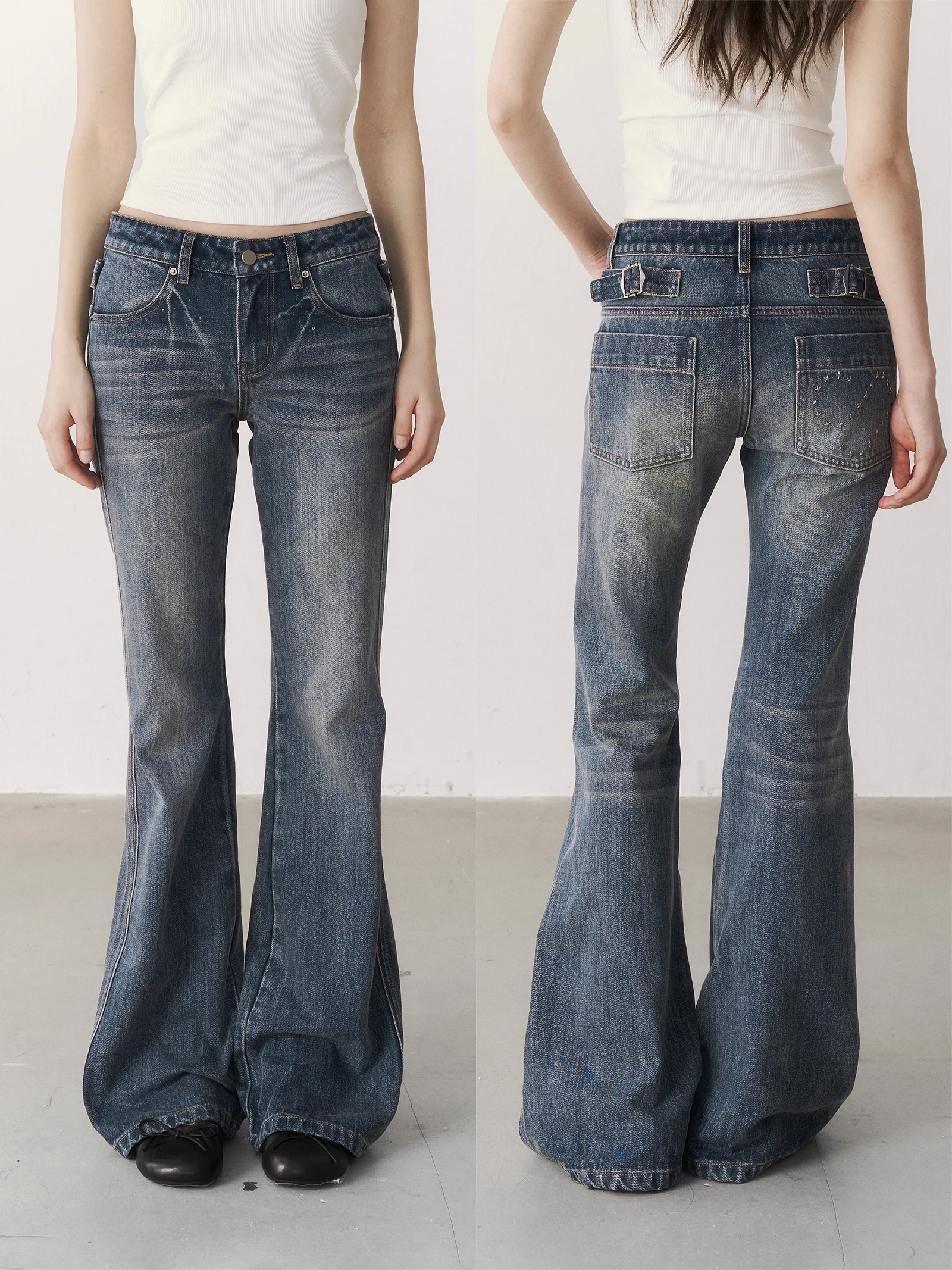 

Джинсы-клеш Sweet Letter Vintage Star с бамбуковым хлопком и стразами, утягивающие, расклешенные, повседневные, темно-синие, для женщин