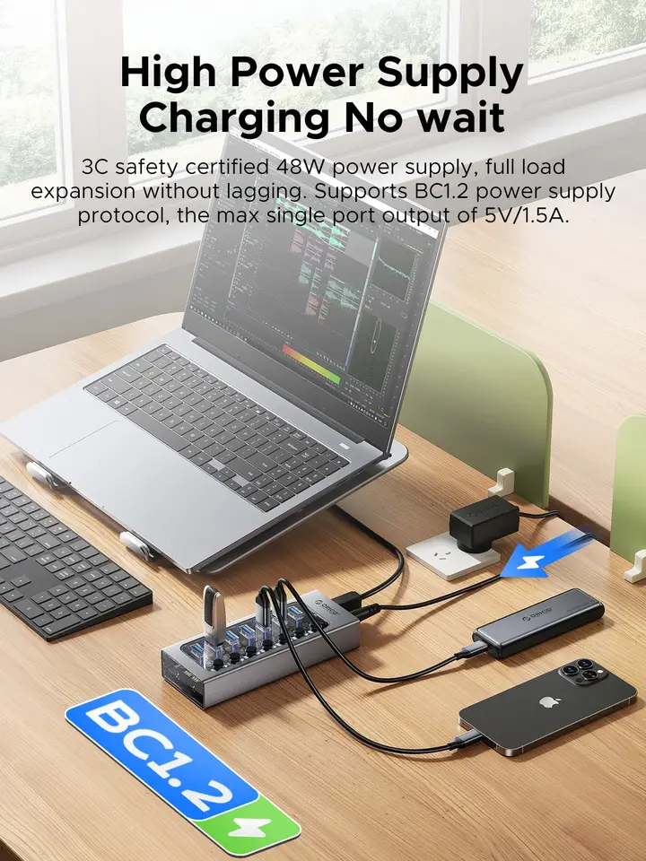 ORICO هاب USB3.0 من الألومنيوم الصناعي مقسم 7 منافذ مع محول طاقة 12v لماك بوك والهواتف المحمولة والأجهزة اللوحية - 5