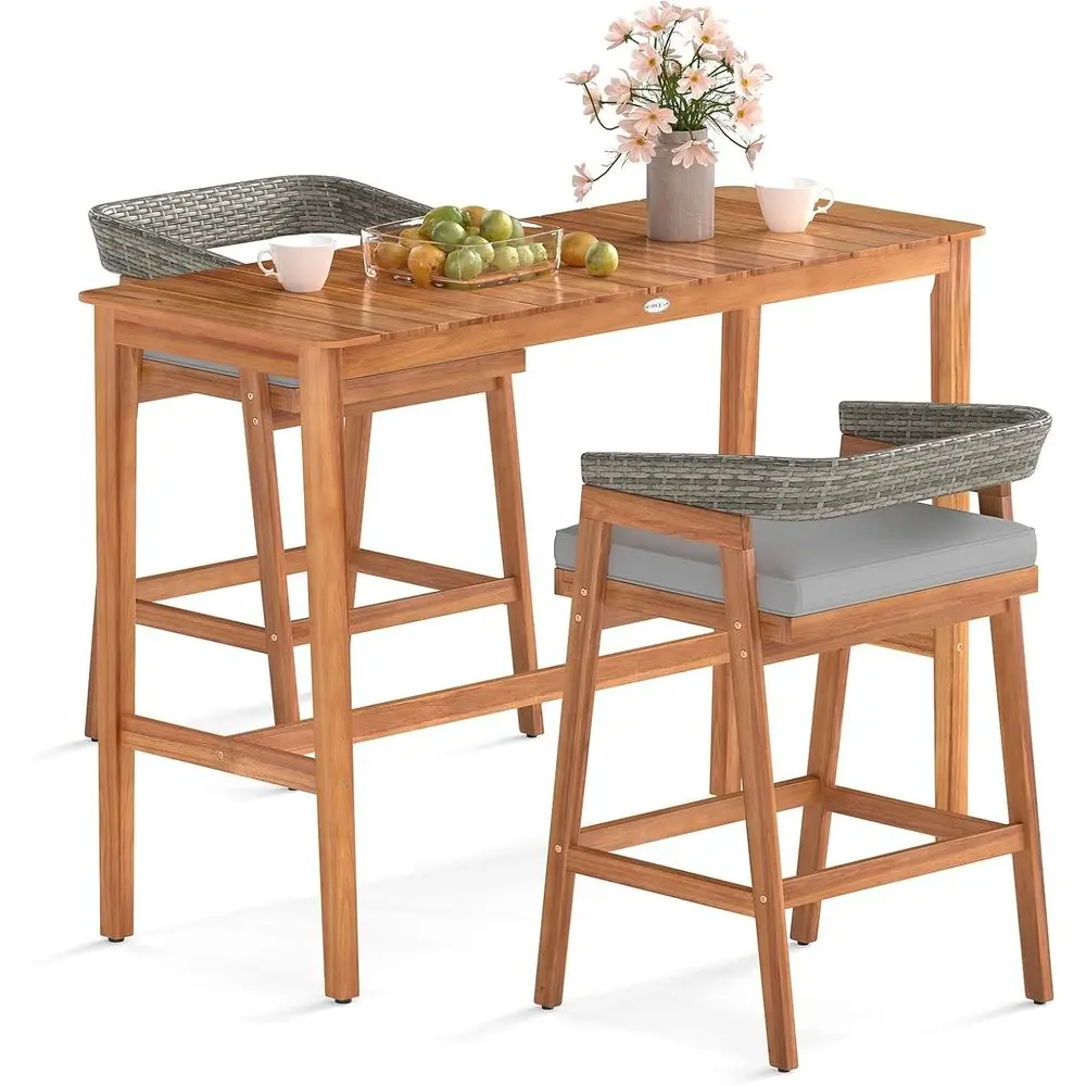 

2-Piece Acacia Wood Patio Bar Set with Cushioned Rattan Barstools for Outdoor, Backyard, or Poolside