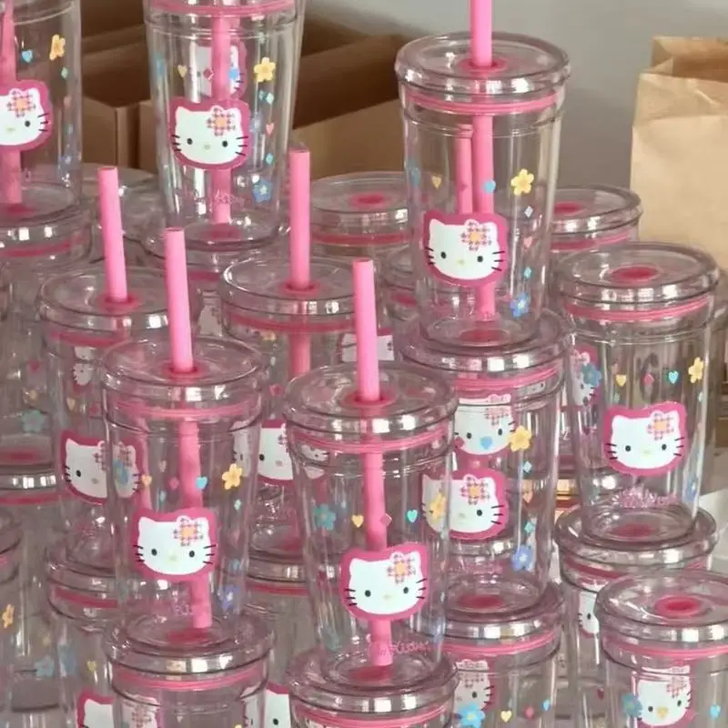 

Portable Plastic Straw Cup Hello Kitty Cartoon Design High Aesthetic Value Cute Girl Water Cup Ideal Student Companion Gift
