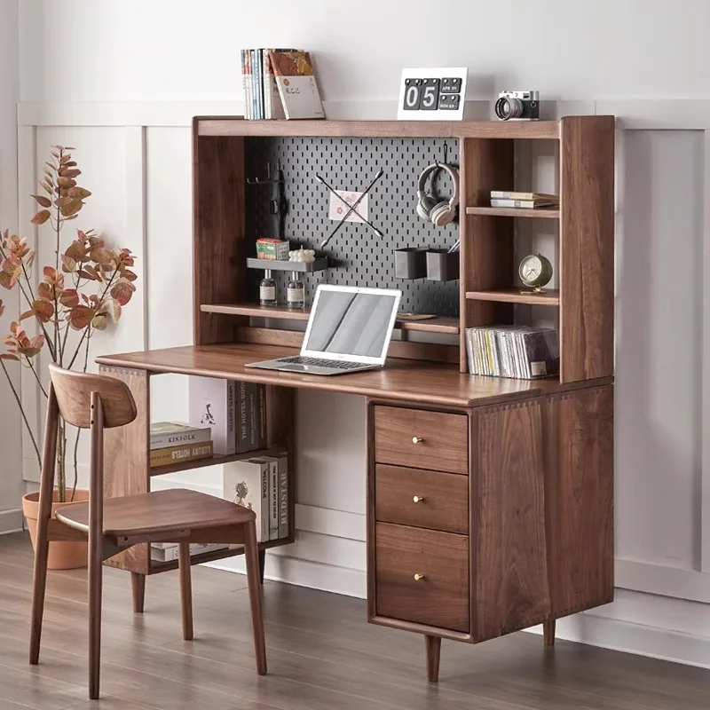 Nordic solid wood computer desk study table black walnut double desk bookshelf combination simple modern study furniture