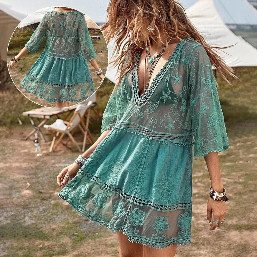 Conjunto de traje de baño Sexy de malla para mujer, traje de baño con cuello en V profundo, Vestido de manga corta para playa, ropa calada de encaje