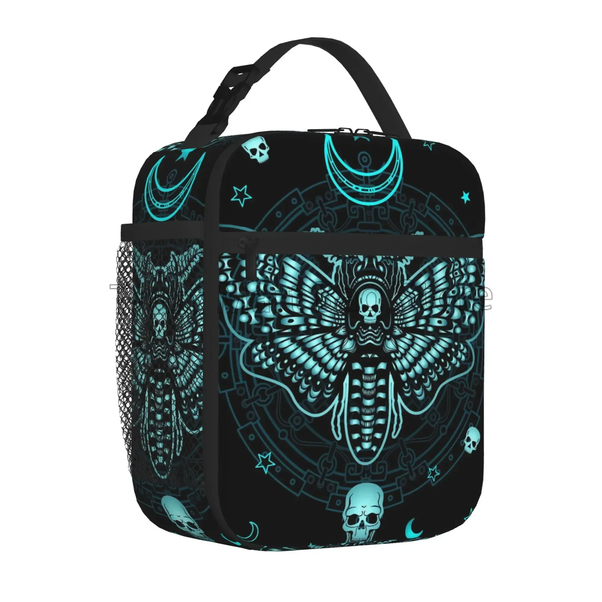 Black Skull Moth Insulated Lunch Bag Mystical Moth Skull Dead Head Reusable Portable Lunch Box Waterproof Thermal Cooler Totes