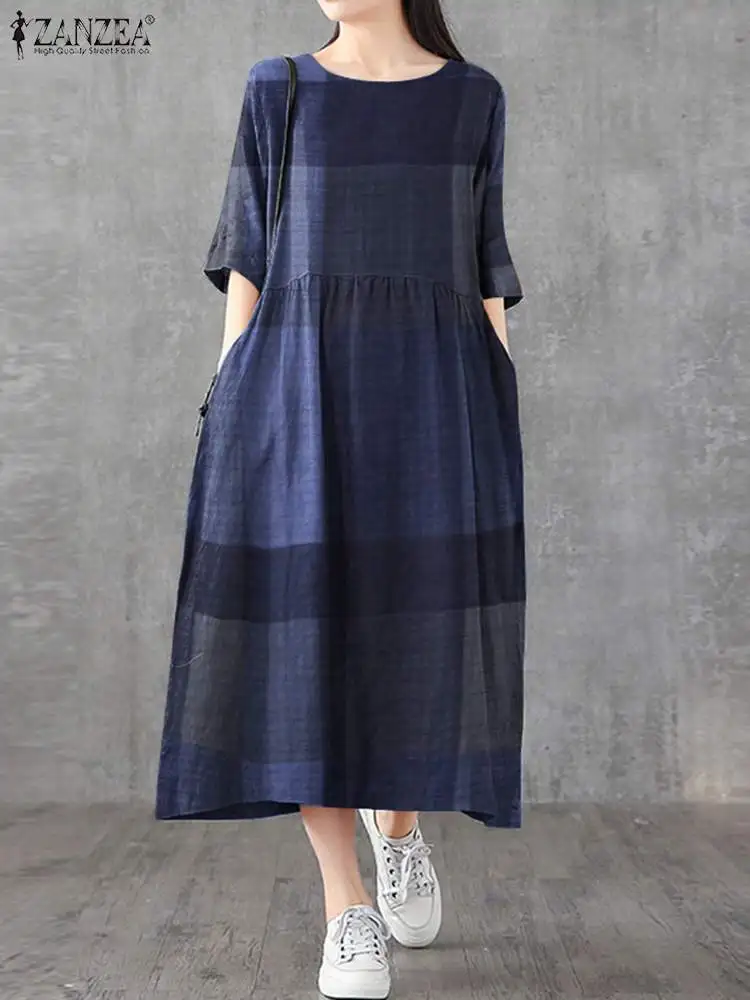 ZANZEA Women Cotton Linen Dresses Vintage Plaid Half Sleeve Midi Vestidos Casual O-neck Long Sundress 2023 Holiday Pocket Robes