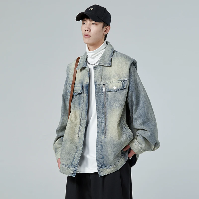 

Мужская джинсовая куртка свободного кроя с отложным воротником в американском ретро-стиле, молодежная, модная верхняя одежда для осеннего сезона