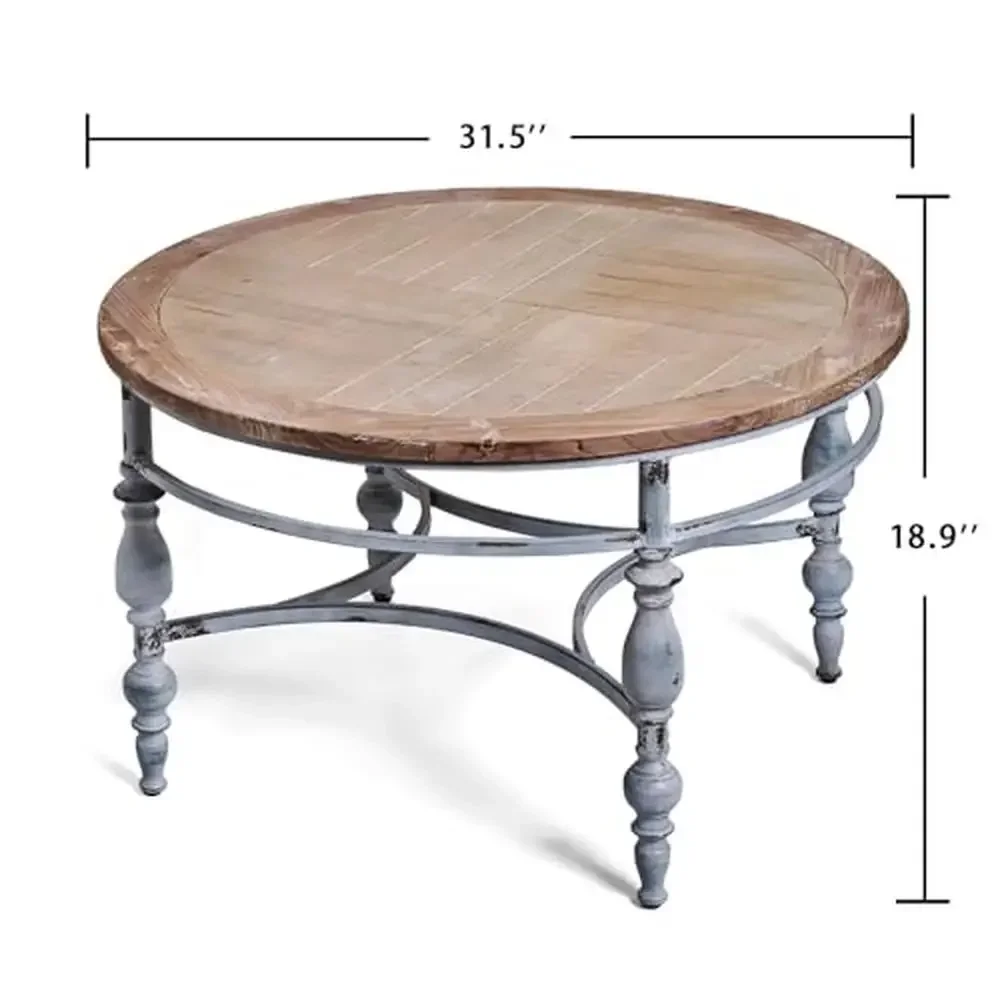 Farmhouse Vintage Round Coffee Table French Roman Style φ31.5'' Solid Wood Iron Legs Unique Pattern Rustic Look 31.5'' x 18.9''H