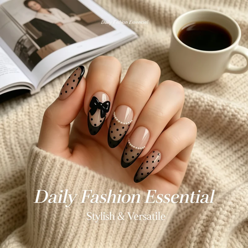 Nouveauté 2026 – 24 faux ongles noirs à pois, style manucure française, avec nœud et dégradé de perles, et autocollants pour ongles
