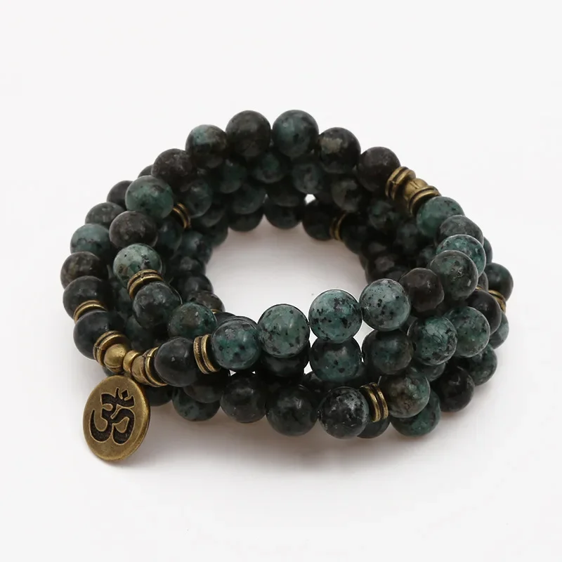 8mm Natural Stone African Jasper Yoga Lucky Bracelet 108 Beads Buddhism Prayer Mala Bracelet & Necklace for Women Men