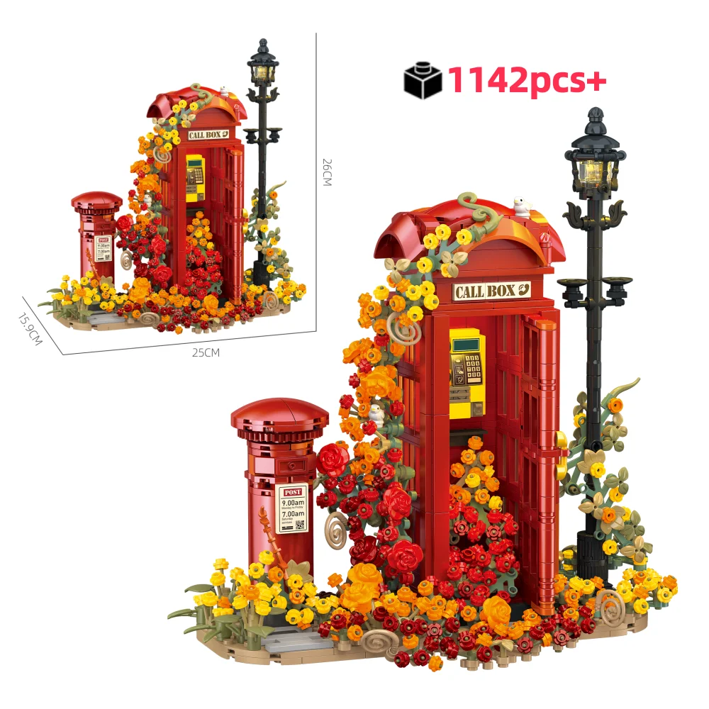

1142PCS Creative Vintage Telephone Booth With Eternal Flower Building Blocks City DIY Street View Model Birthday Gifts For Kids
