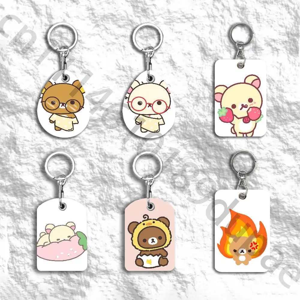 Cute R-Rilakkumas-S Bear Protective Printed Leather Card Case Metal Keychain Accessory