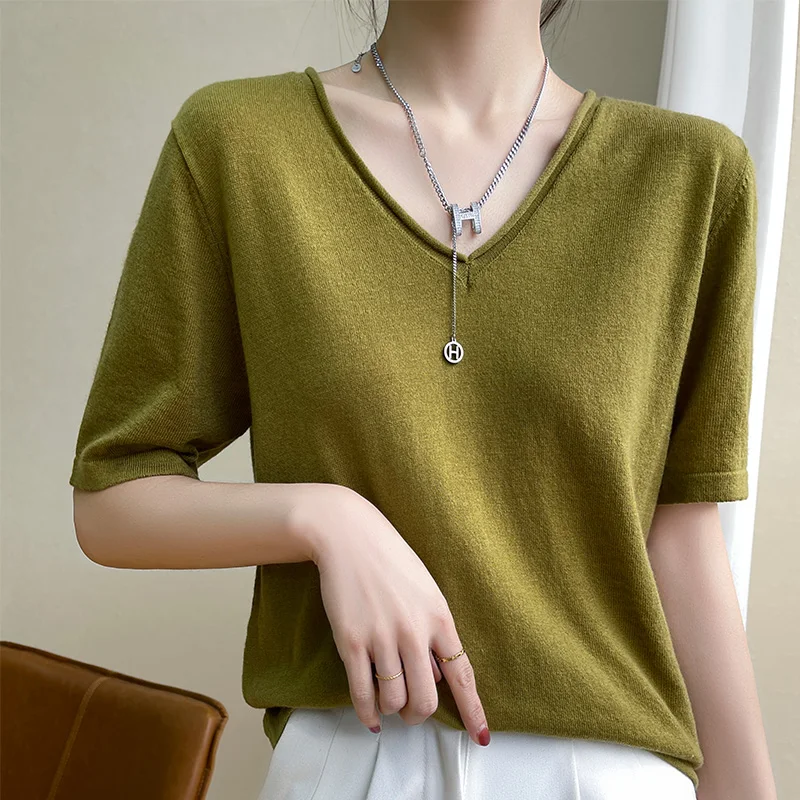 Summer V-Neck Thin Sweater T-Shirt 100% Merino Wool Basic Women's Korean Fashion Pullover Cashmere Knitting Bottom Short Sleeve