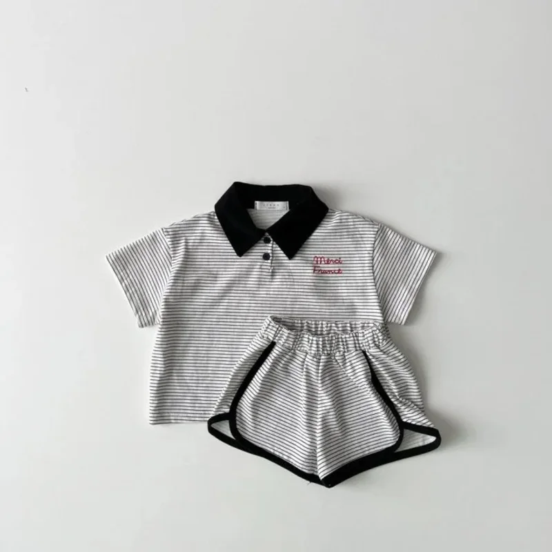 2024 Summer new baby short sleeve lapel T shirts shorts clothes set striped children 2PCs suit kids girls polo shirts outfits