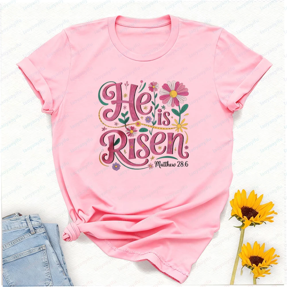 He Is Risen Floral Easter Religious T-Shirt, 100% Cotton, Unisex Crewneck, Perfect for Church Services & Easter Celebrations