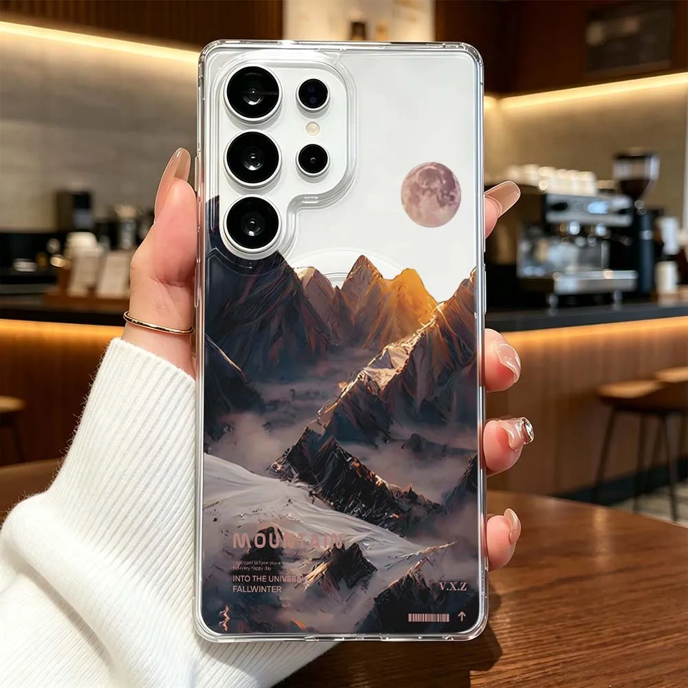 Luxury Snow Mountain Landscape Phone Case For Samsung Galaxy S26 S25 S24 S23 S22 Ultra FE Plus A56 Transparent Magnetic Cover