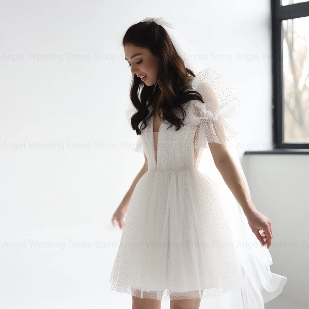 ANGEL Short Mini Backless Customized Wedding Dress For Women Elegant V-Neck Bride Party Simple Tulle A-line Vestido De Novia