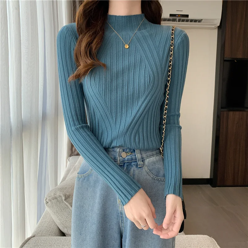 Knitted Sweaters Women Ribbed Pullover Half Turtleneck Jumper Sweater Autumn Winter Slim Chic Streetwear Long Sleeve Y2K Top