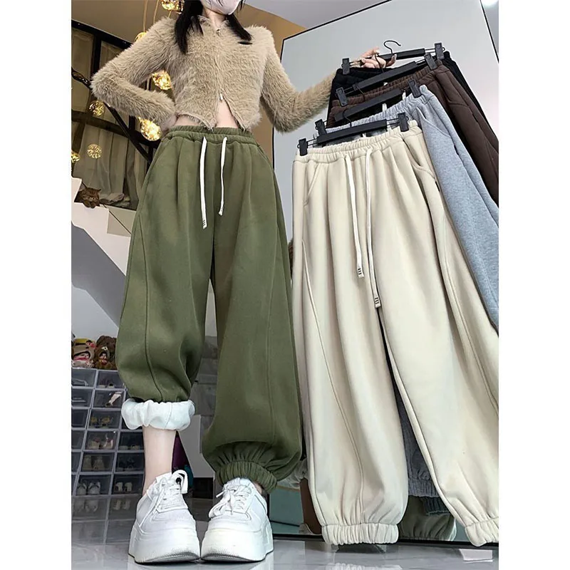 Sports Sweatpants Women Winter New High Waist Thermal Plus Fleece Wide Leg Drawstring Casual Elastic Waist All-match Trousers