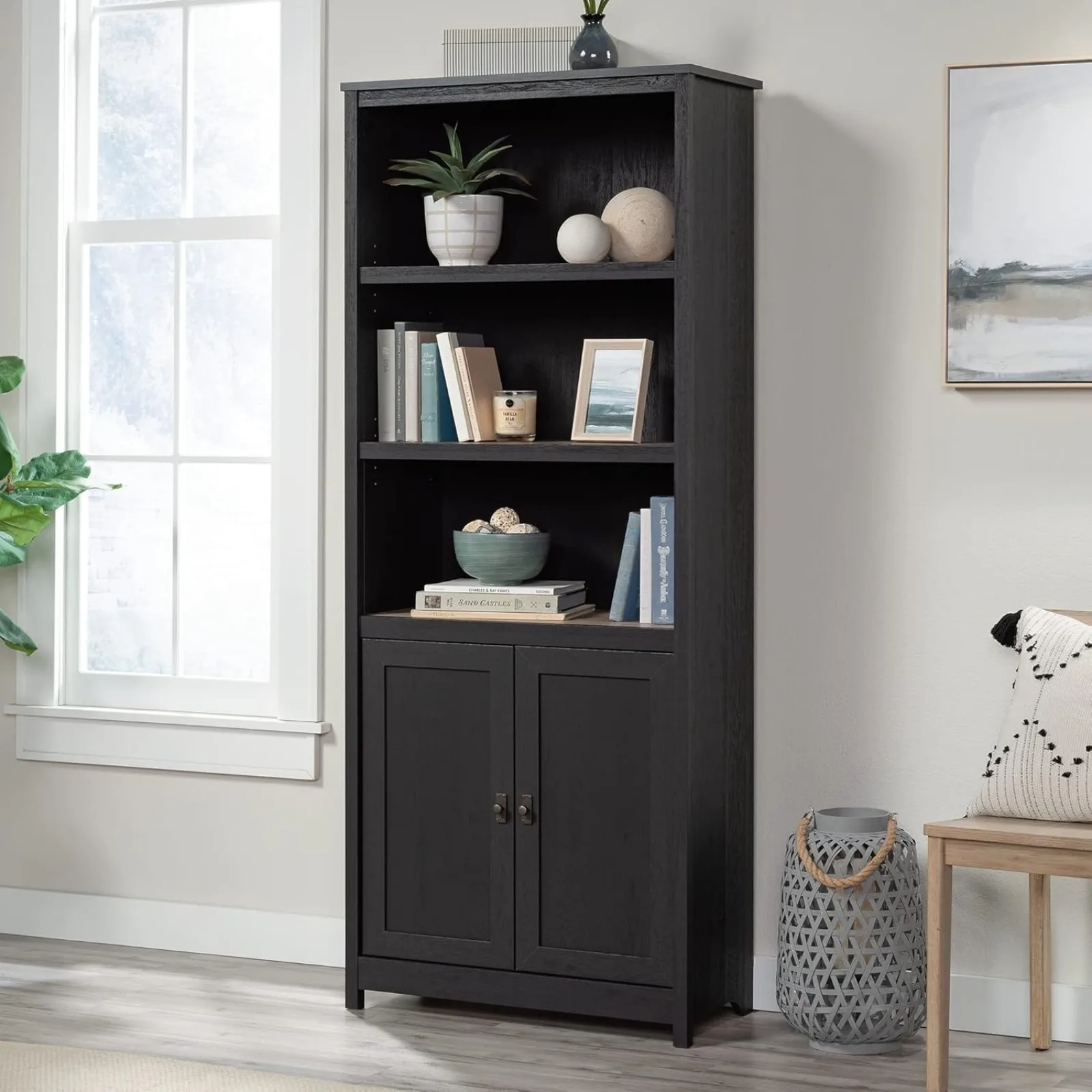 US Cottage Road Book Shelf, Bookshelf with Storage, Library Bookcase with Doors and Adjustable Shelves, in Raven