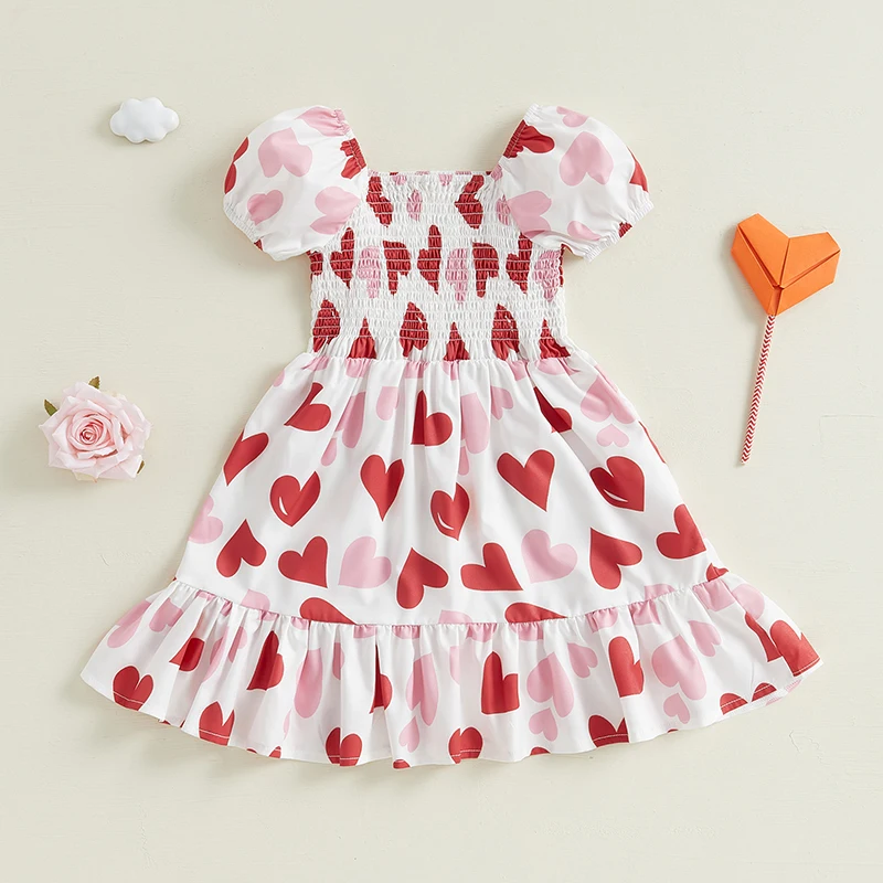 Toddler Girls Valentine s Day Dress Heart Print Square Neck Short Sleeve Ruffled A-Line Spring Dresses