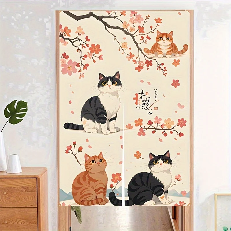Japanese Cat Sakura Noren Door Curtain Room Divider for Living Room Bedroom Home Decor Cute Elegant Cultural Theme Indoor