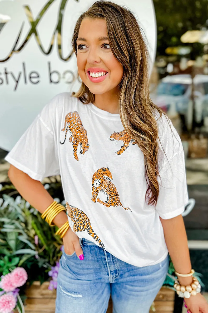 

Tiger Print Cute Fashion Women Summer T-shirts 2024 New White Loose Short Sleeve Tees Shirts