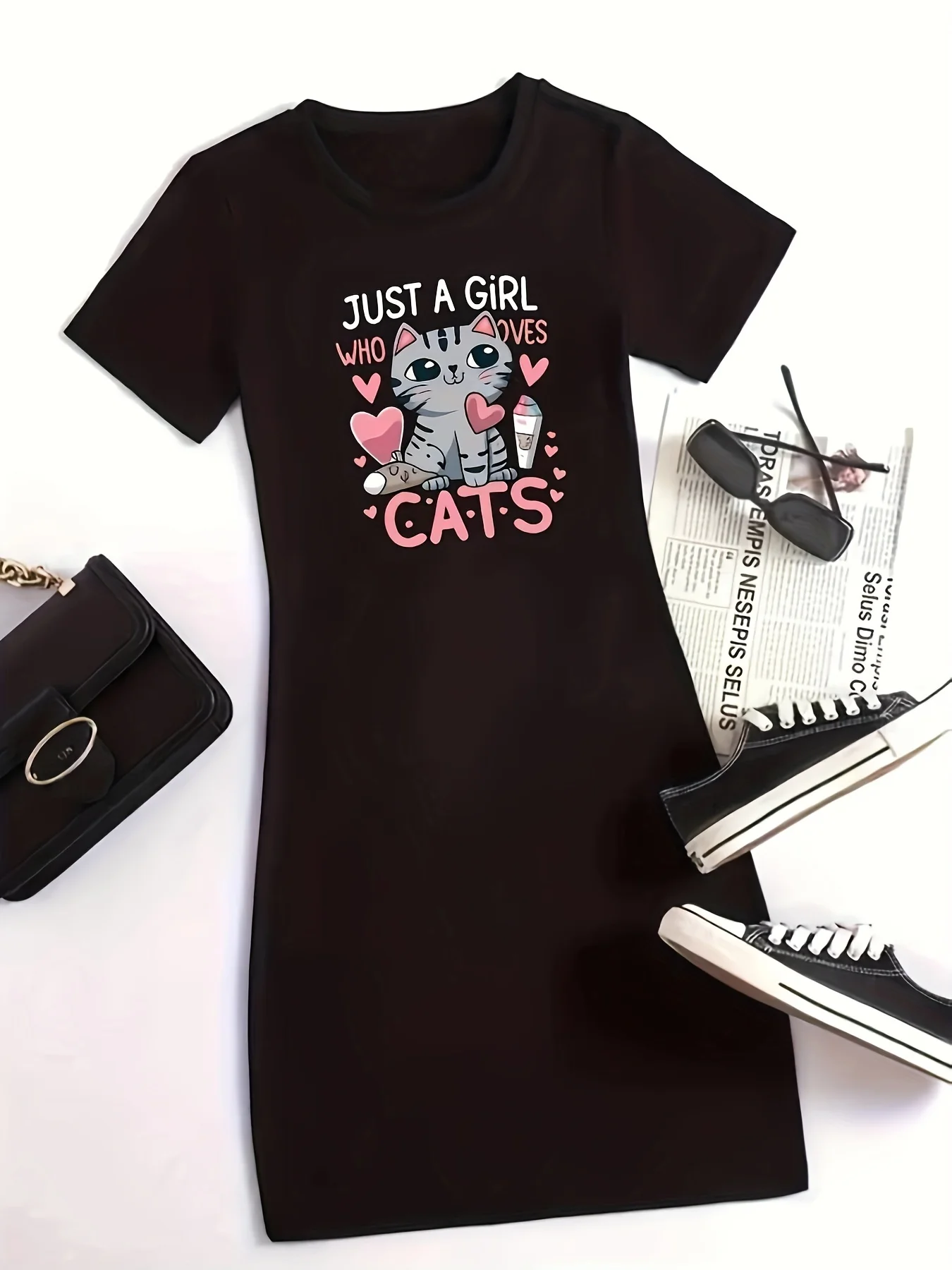 Letnia, urocza sukienka damska oversize z nadrukiem kreskówkowego kota, imitacja bawełny, wysokiej jakości, z krótkim rękawem, okrągły dekolt, piżama, odzież domowa.