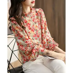 Elegant Fashion Floral Lantern Sleeve Blouse Autumn Female Commute Loose Stand Collar Printed Chiffon Shirt Women's Clothing