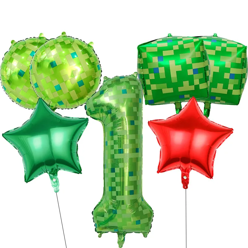 7pcs Pixel Theme Balloon Set Green 40 Inch Number 1-9 Birthday Party Decorations Pixel Cubes Boxes Game Party Decor Supplies