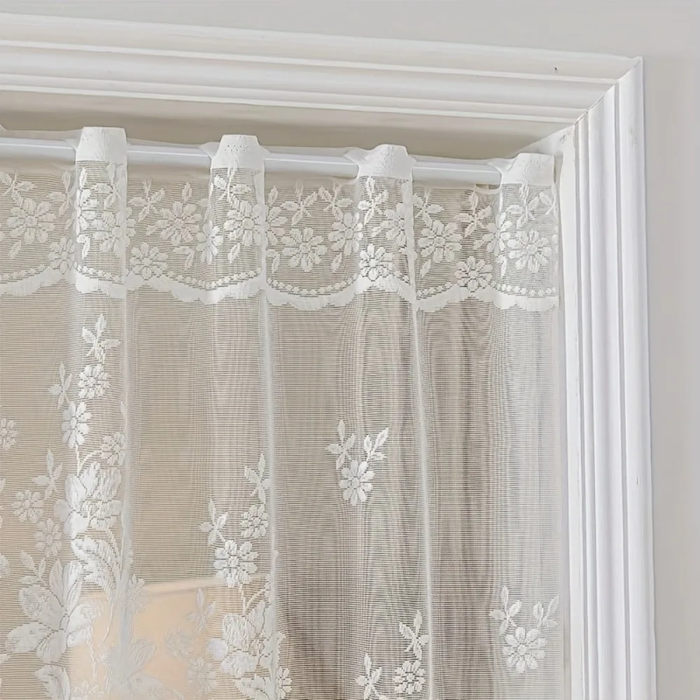 Flower Pattern French Lace Jacquard Curtain No Drilling Required Translucent Kitchen Partition Tulle Through-rod Design
