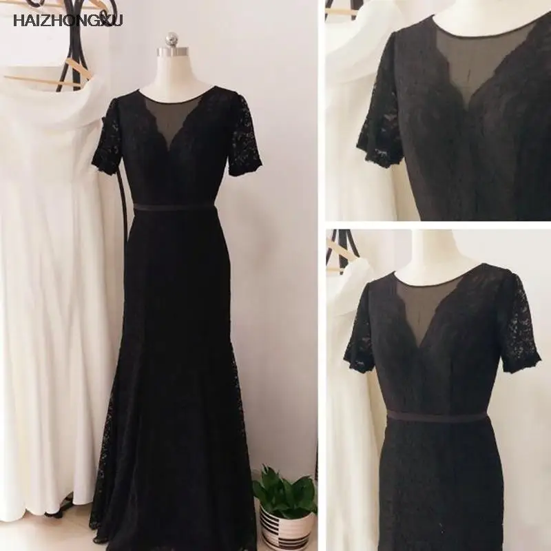 

Black Lace Mother of the Bride Dresses for Wedding Party Modest Design Short Sleeve Mermaid Floor Length Evening Prom Gowns