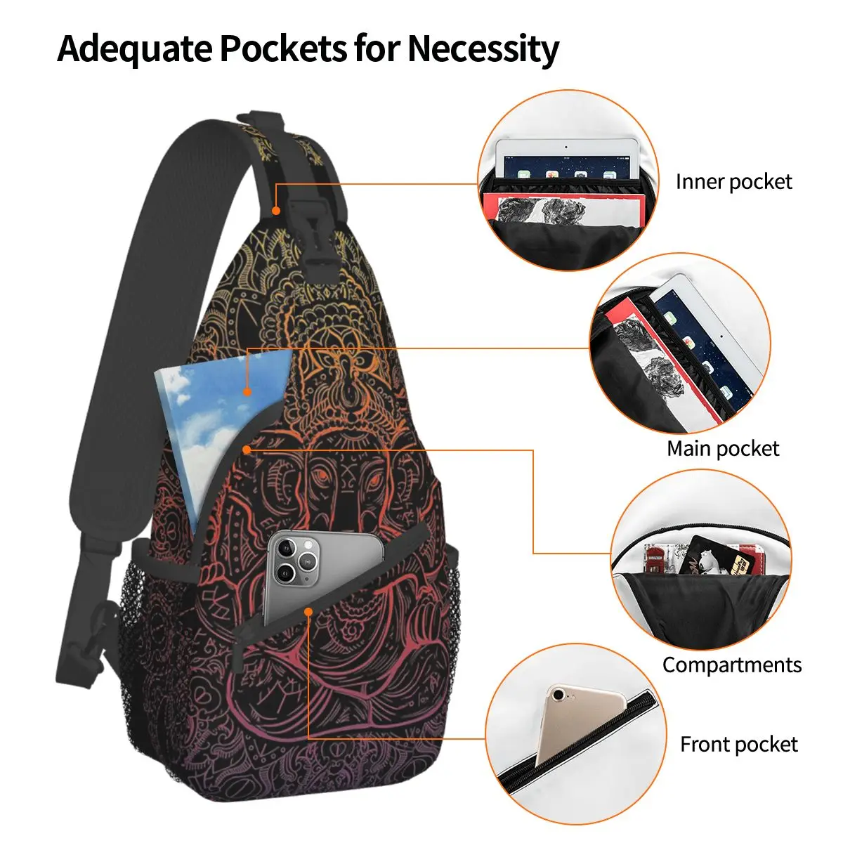 Lord Ganesha Elephant Crossbody Sling Bag Small Chest Bag Cartoon Animal Shoulder Backpack Daypack Hiking Outdoor Camping Bag