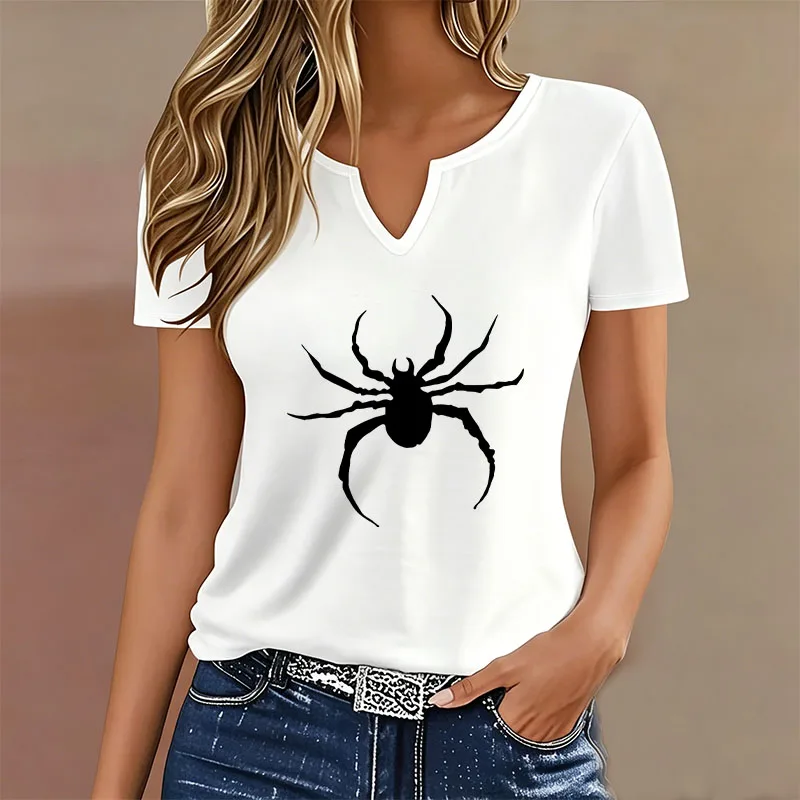 Streetwear T-shirt V Neck Casual Fashion Y2k Spider Printed T Shirts Women Short Sleeve Tee Shirt V-Neck Summer Spring