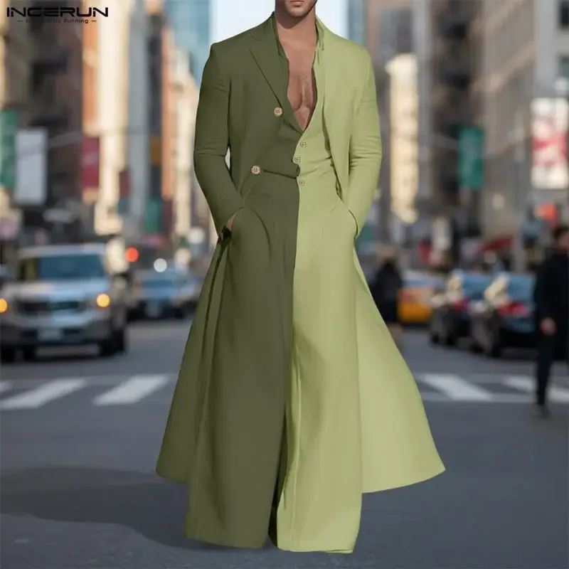 

Мужской комплект INCERUN: лонгслив с лацканами и комбинезон без рукавов в стиле пэчворк, 2 предмета, уличная мода, повседневный стиль