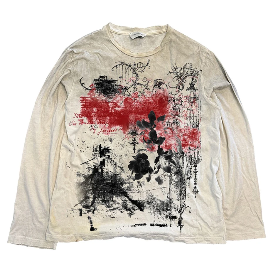 Eyes Graphic Men Hip Hop T-shirts Vintage Harajuku Oversized Long Sleeve Tee Tops Streetwear Tshirt