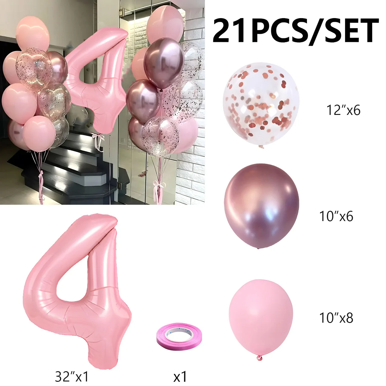 

21pcs Pink 32inch Number Foil Balloons 1 2 3 4 5 6 7 8 9 Year Old Gifts Happy Birthday Party Decor Birthday Balloon Kit