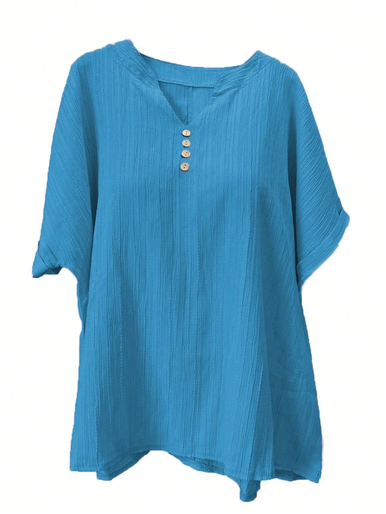 

Plus Size V-Neck Short Sleeve Solid Button Up Casual Top For Women Summer