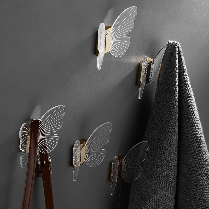 Gancho de ropa de mariposa sin perforaciones, gancho de pared de acrílico para baño, armario, zapatos, puerta, estante de almacenamiento decorativo para el hogar