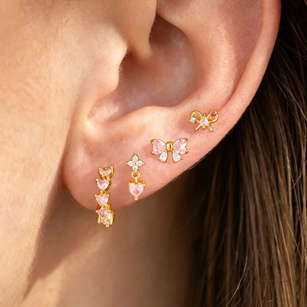 4PCS/8PCS New Arrival Stainless Steel Bowknot Stud Earrings Sets For Women Heart-Shaped Zircon Hoop Earring Daily Wear Jewelry