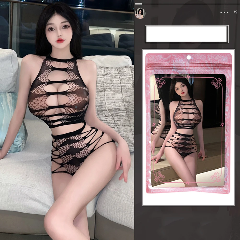 Sexy Lingerie Women Transparent Mesh Suit Hip-Covering Hollow Out Cosplay Sets Open Bra Tube Top Sex Underwear  Net Clothes