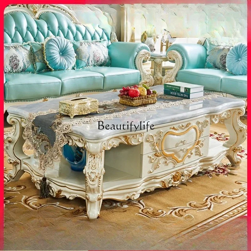 

2 yj15 American-style Villa Luxury Marble Coffee Table Vintage Living Room Tea Table Solid Wood