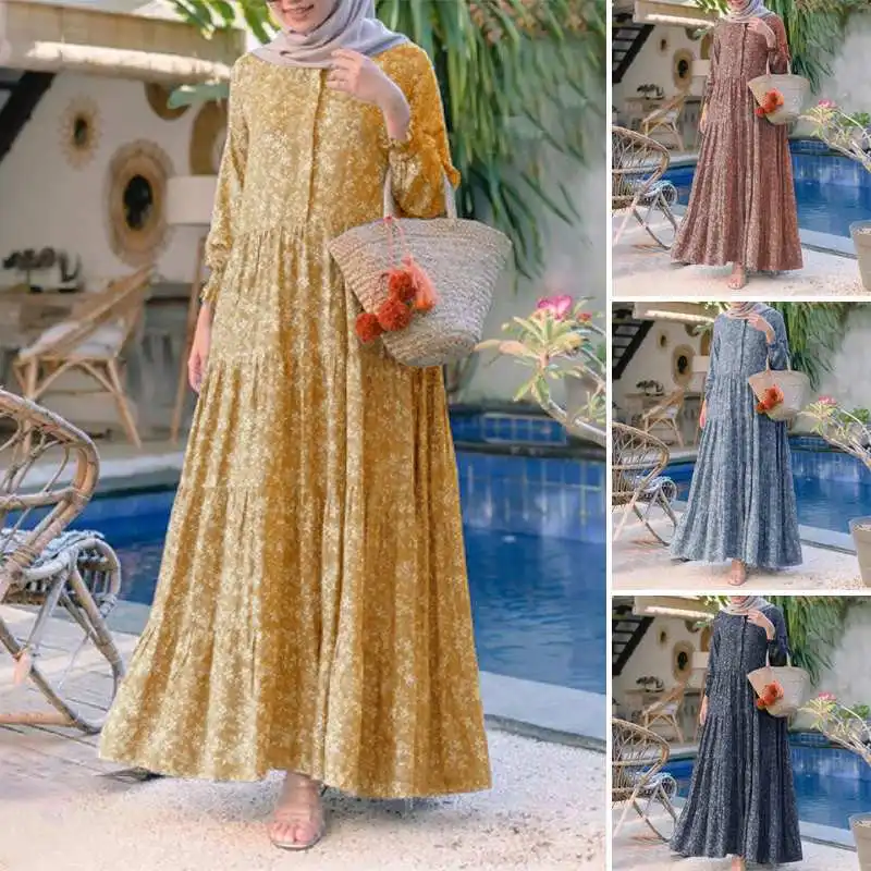 2023 New Arrival Spring Autumn Muslim Abaya Hijab Dress For Women Layered Elegant Floral Printed Robe Long Sleeve Evening Party