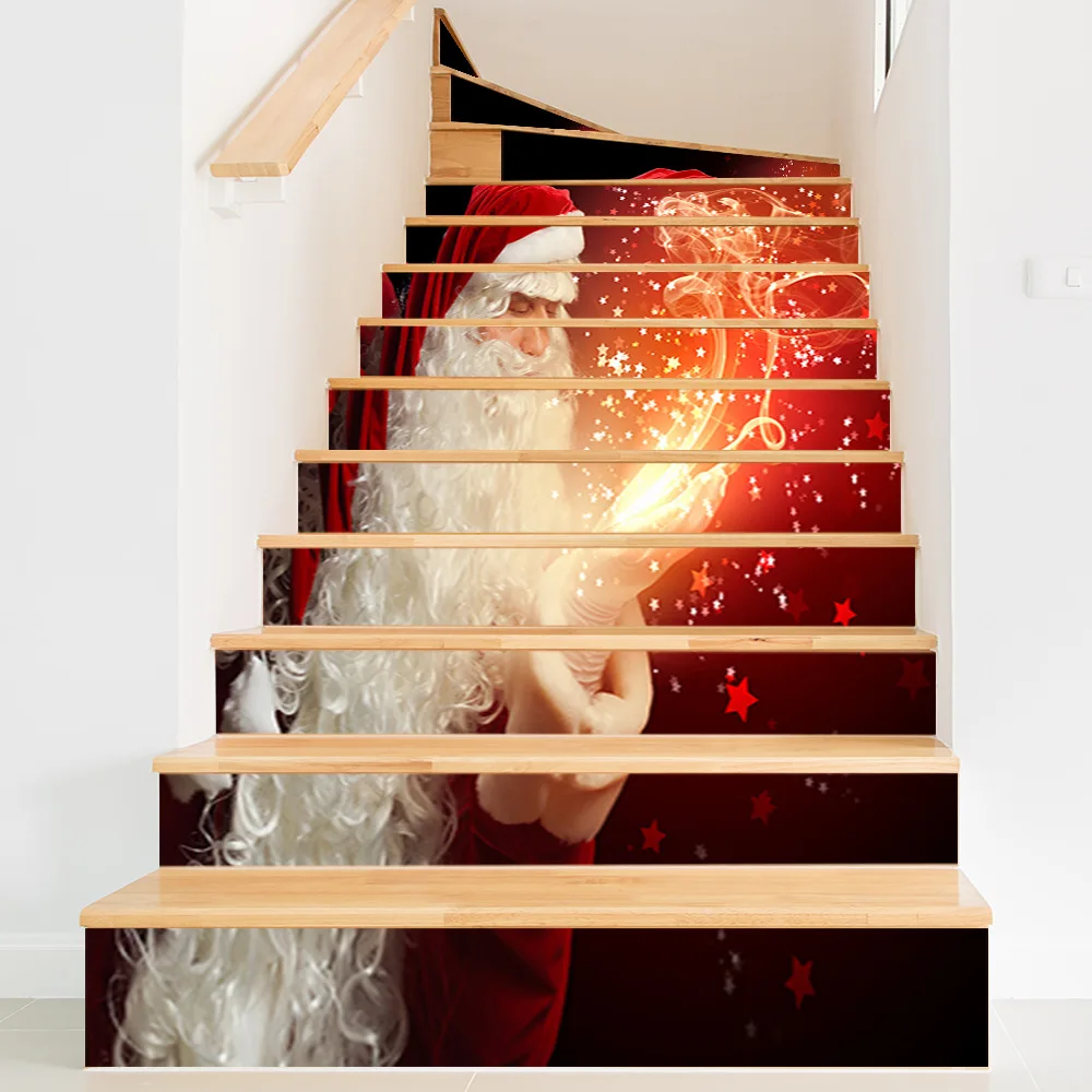 Christmas Santa Magic Star Stair Riser Stickers, Peel & Stick Vinyl 13Pcs 100x18cm Decals, Xmas Staircase DIY Home Holiday Decor