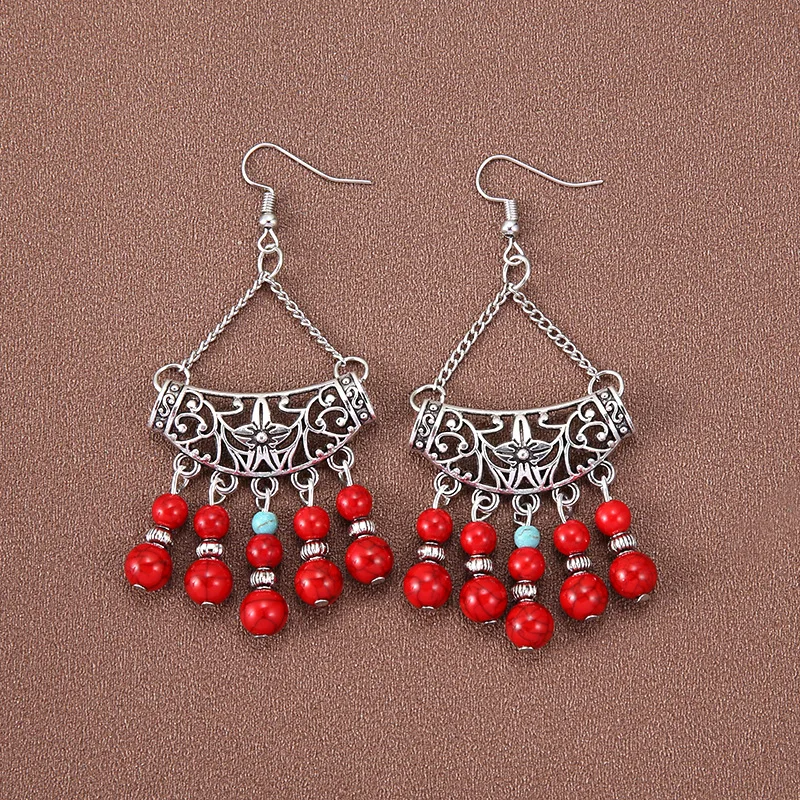 Retro Ethnic Tasse Earrings Blue Red Turquoise Long Bohemian Earrings Holiday Style Women's Tibetan Silver Color Dangle Earrings