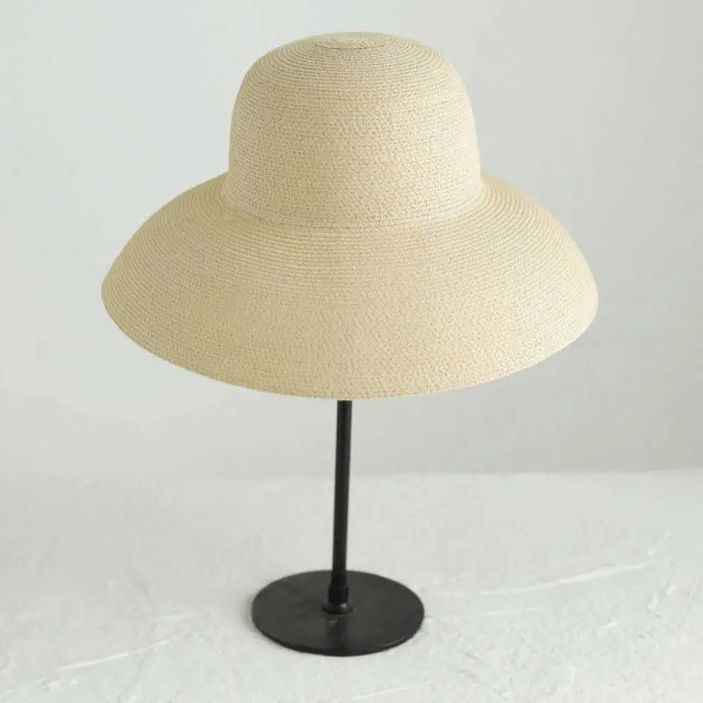 Summer Sun Hats Ladies Solid Plain Elegant Wide Brim Hat Female Round Top Panama Floppy Straw Hat Hepburn Beach Hat