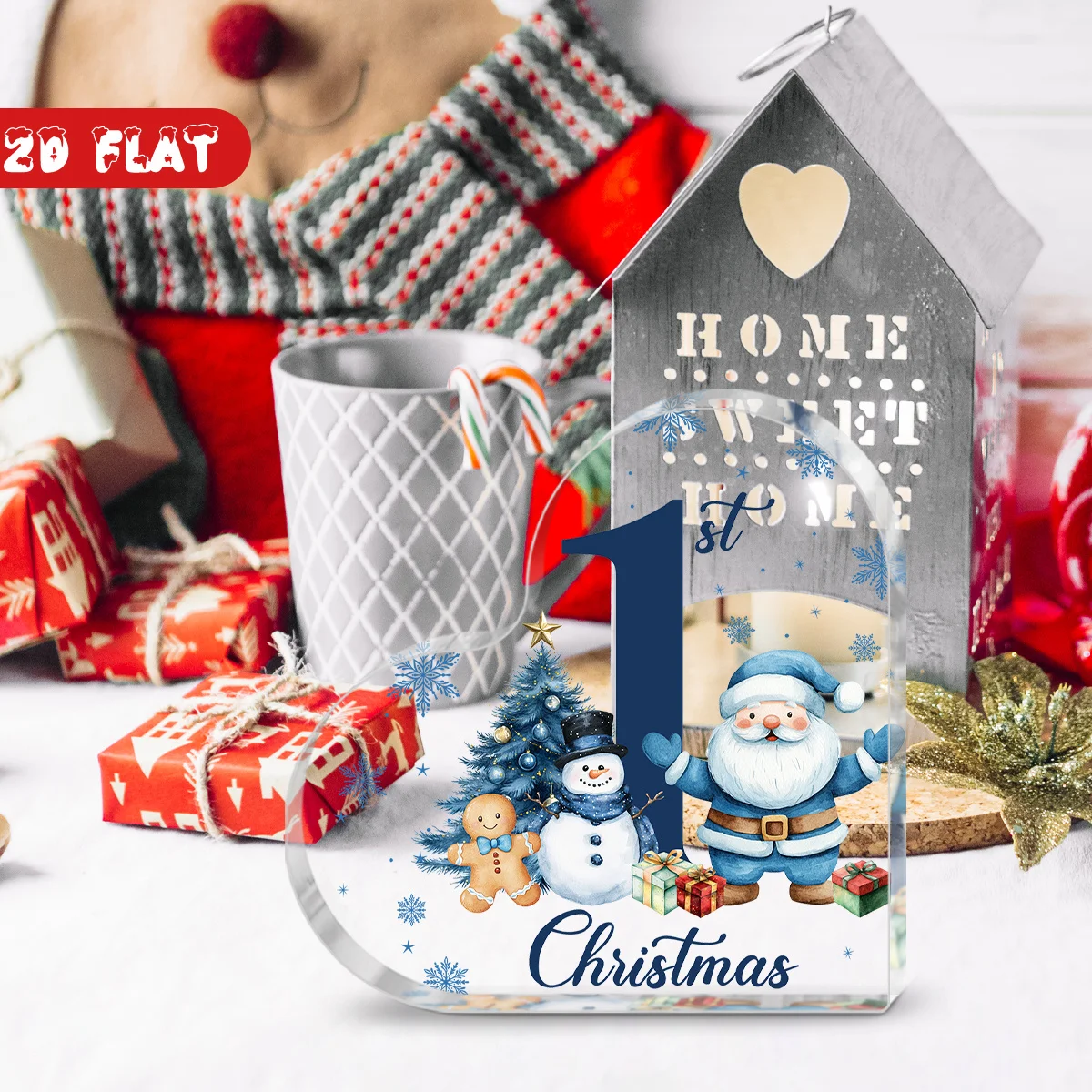 Baby First Christmas Heart‑Shaped Acrylic Plaque, Blue Santa Snowman Table Decor