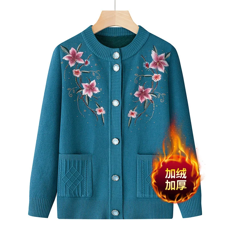 Neue Herbst Winter Oma Plus Samt Pullover Mantel Warme Mutter Mittleren Alters Gestrickte Pullover Bestickte Strickjacke Top für Frauen