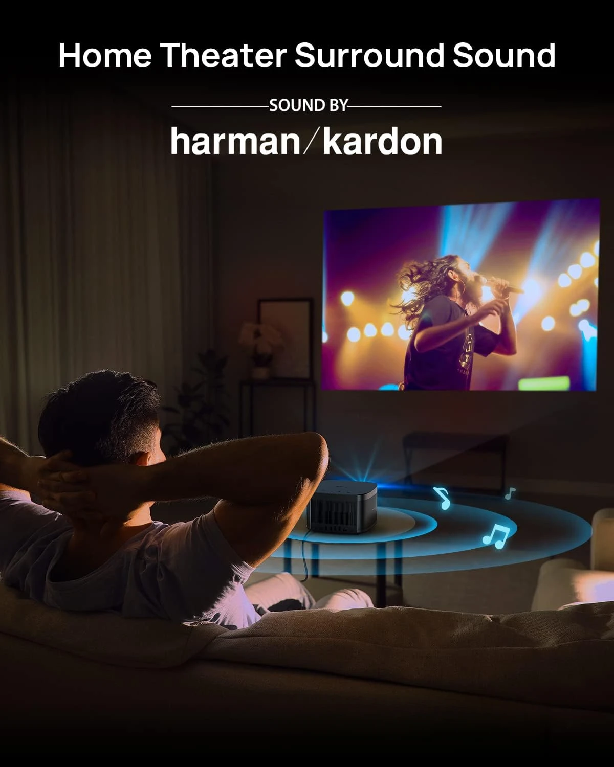 Proyector de películas Android TV 10,0 con altavoces integrados Harman Kardon, adaptación automática de pantalla Keystone, proyector de cine en casa