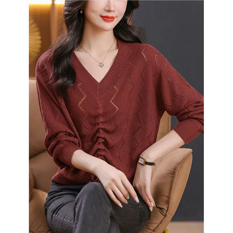 2024 Summer Thin Long Sleeve Hollow Out Pullover Top Women New V-neck Long Sleeve  Pull Jumpers Female Pullovers